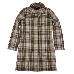 GAP Y2K Multicolor Plaid Lightweight Trench Coat Collared Buttons Size XS Poly